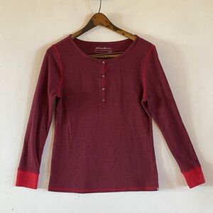 Eddie Bauer Red  & Navy Striped Long Sleeve Henley Top Large